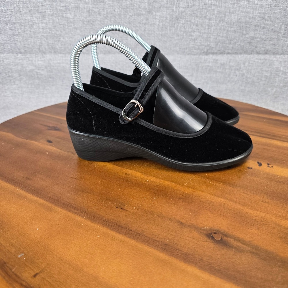 Shanghai Double Coin Black Velvet Mary Jane Martial Arts Wedge Shoes Size 220, 5 - Picture 13 of 16
